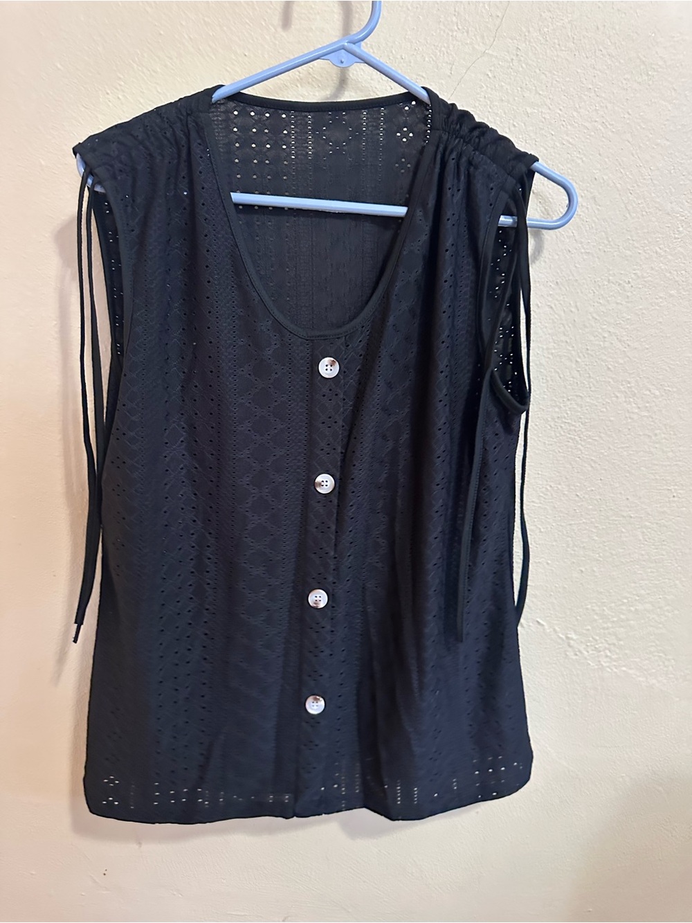 Sleeveless Black Eyelet Button-Front Top